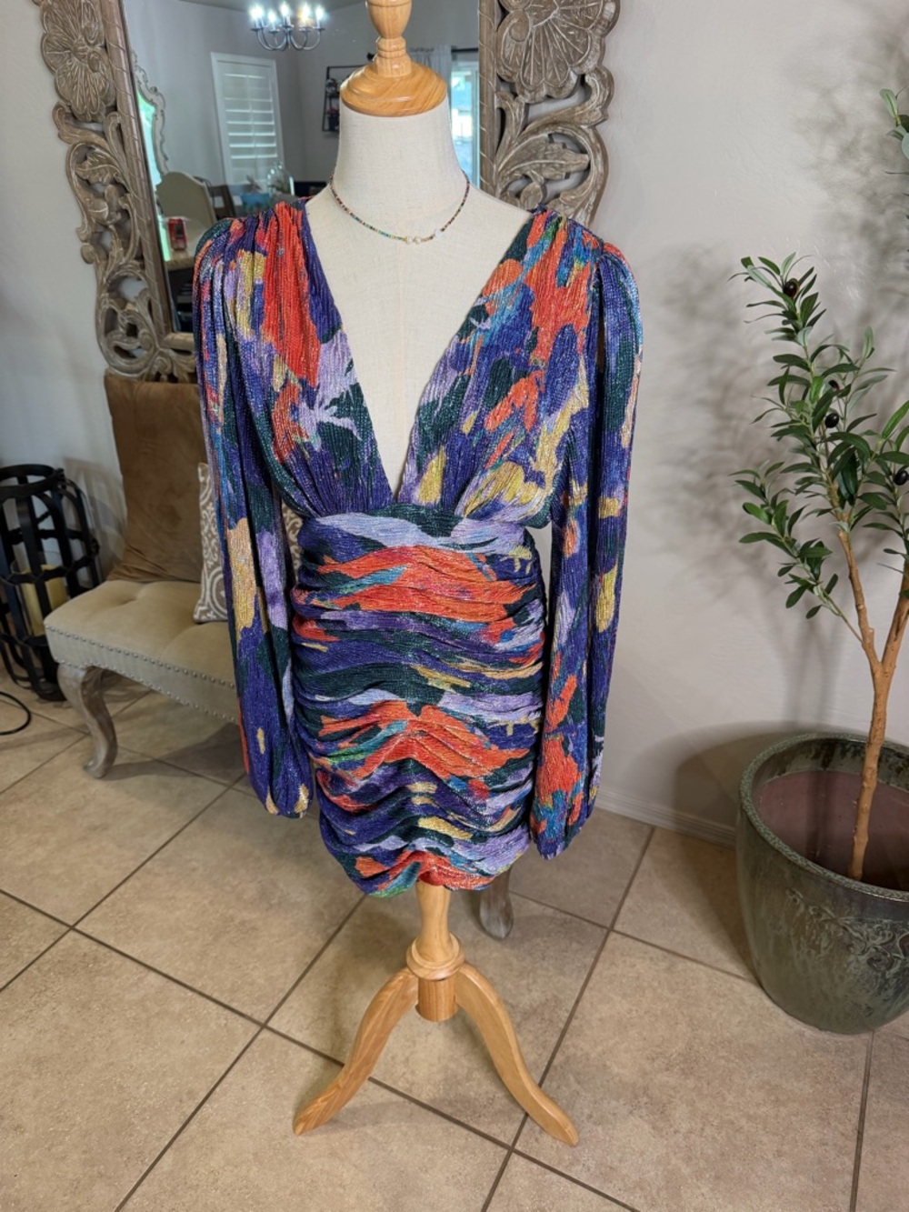 Colorful Abstract Ruched Long-Sleeve Mini Dress